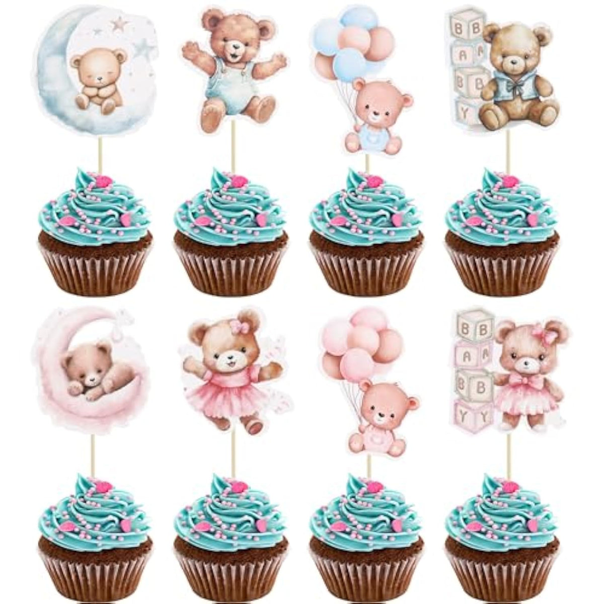 32Pcs Baby Shower Bear Cupcake Toppers Moon Baby Bear Baby Shower Cake Topper Decorations Jungle Animal Theme Birthday Party Cake Supplies Blue Pink