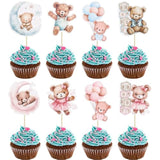 32Pcs Baby Shower Bear Cupcake Toppers Moon Baby Bear Baby Shower Cake Topper Decorations Jungle Animal Theme Birthday Party Cake Supplies Blue Pink