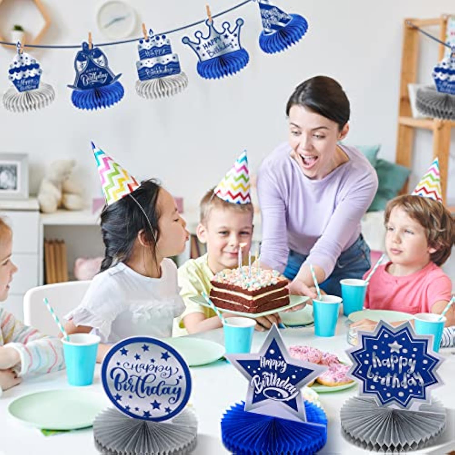 12pcs Blue Silver Honeycomb Centerpieces for Men's Birthday Party Decorations