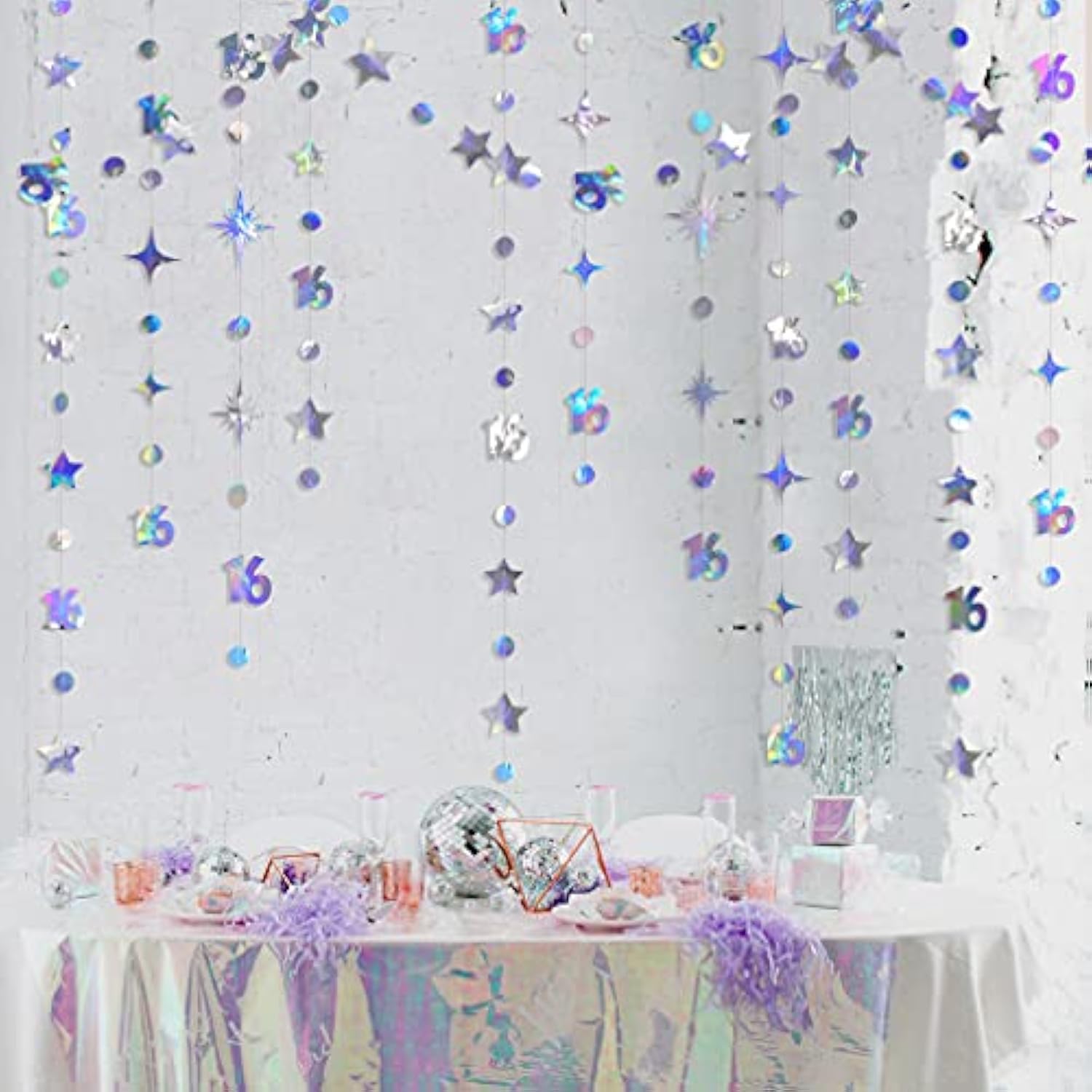 Iridescent Number 16 Circle Dot Twinkle Star Garland Kit Metallic Hanging Streamer Bunting Banner Backdrop Decorations For Girls 16Th Birthday Sweet Sixteen Wedding Anniversary Bridal Shower Party