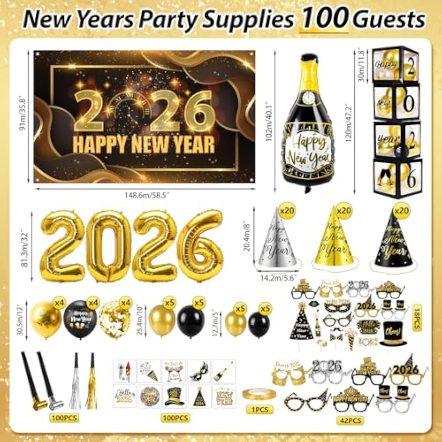 New Year’s Eve 2026 Party Supplies Kit for 100 Guests Balloons Hats Glasses Props