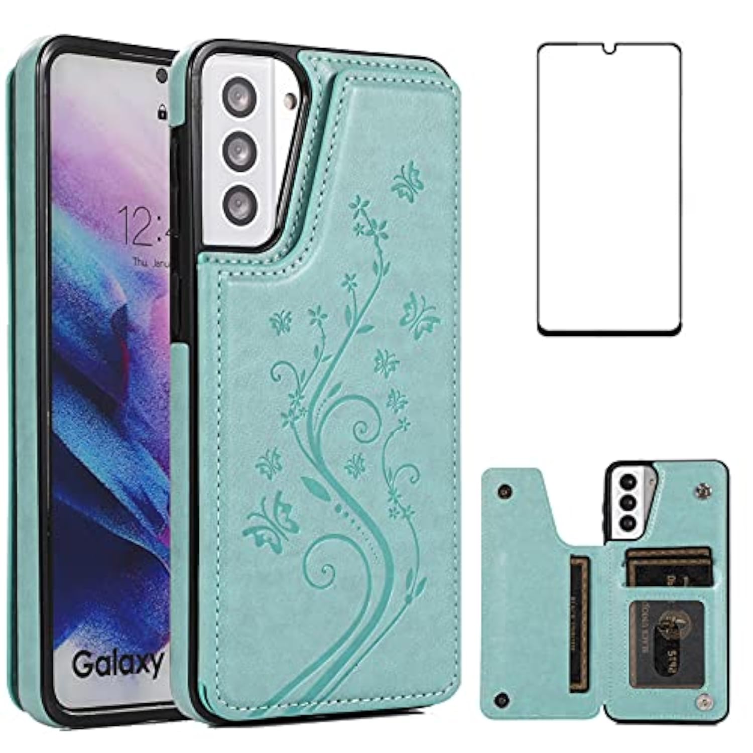 Phone Case For Samsung Galaxy S21 Glaxay S 21 5G 6.2 Inch With Tempered Glass Screen Protector And Card Holder Wallet Cover Stand Flip Leather Cell Accessories Gaxaly 21S G5 Cases Women Girl Green