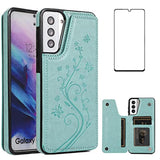 Phone Case For Samsung Galaxy S21 Glaxay S 21 5G 6.2 Inch With Tempered Glass Screen Protector And Card Holder Wallet Cover Stand Flip Leather Cell Accessories Gaxaly 21S G5 Cases Women Girl Green