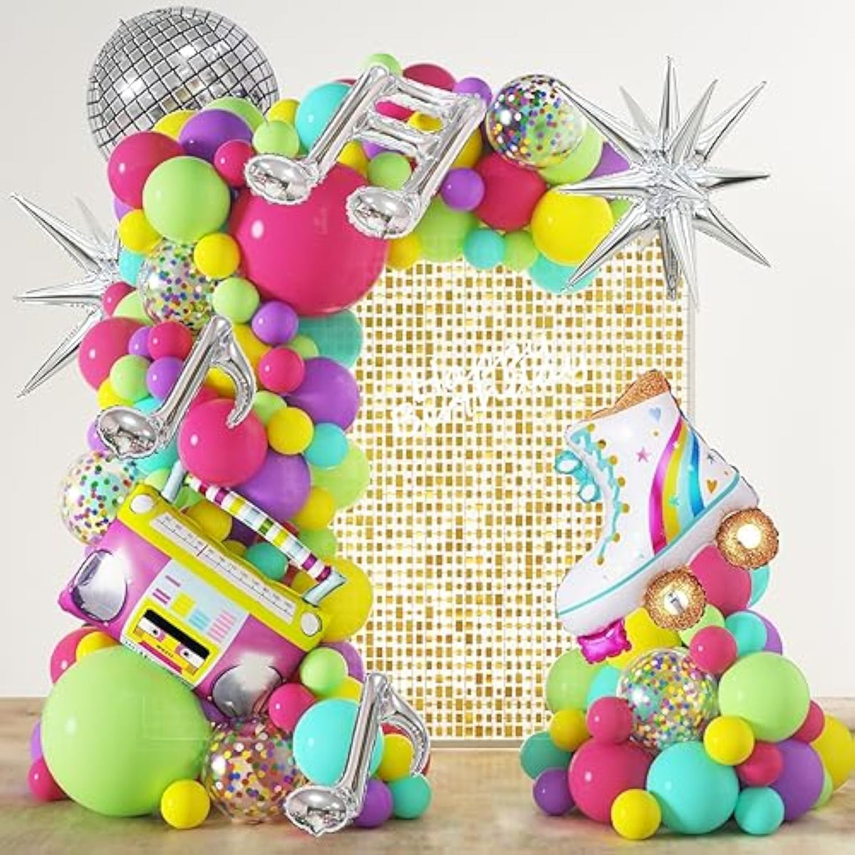 167pcs 80s 90s Neon Balloon Arch Kit with Music Note, Star & Disco Ball Foils