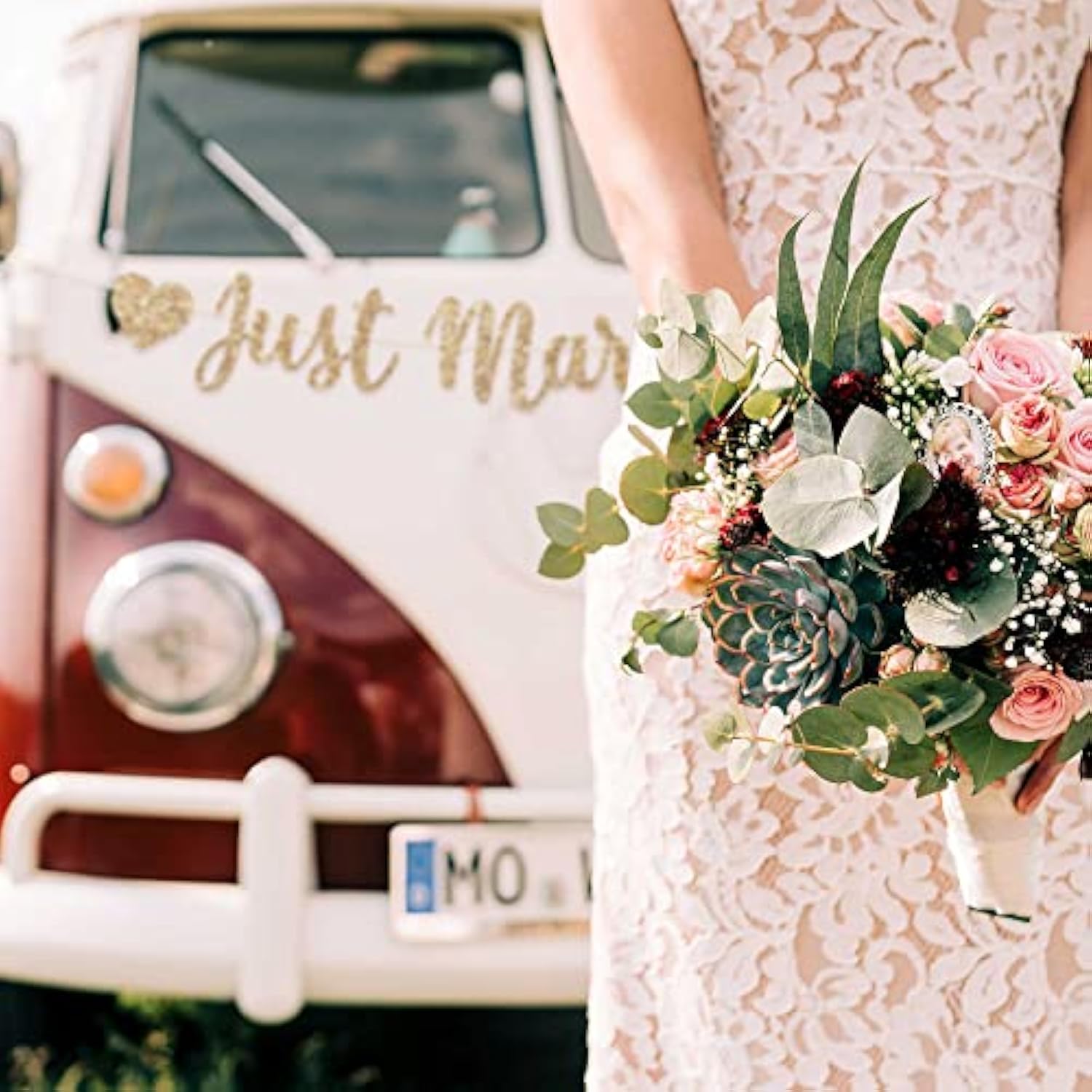 Pre-Strung Just Married Banner - No Diy - Gold Glitter Wedding Party Banner In Script - Pre-Strung Garland On 6 Ft Strand - Gold Wedding Reception Party Decorations & Decor. Did We Mention No Diy