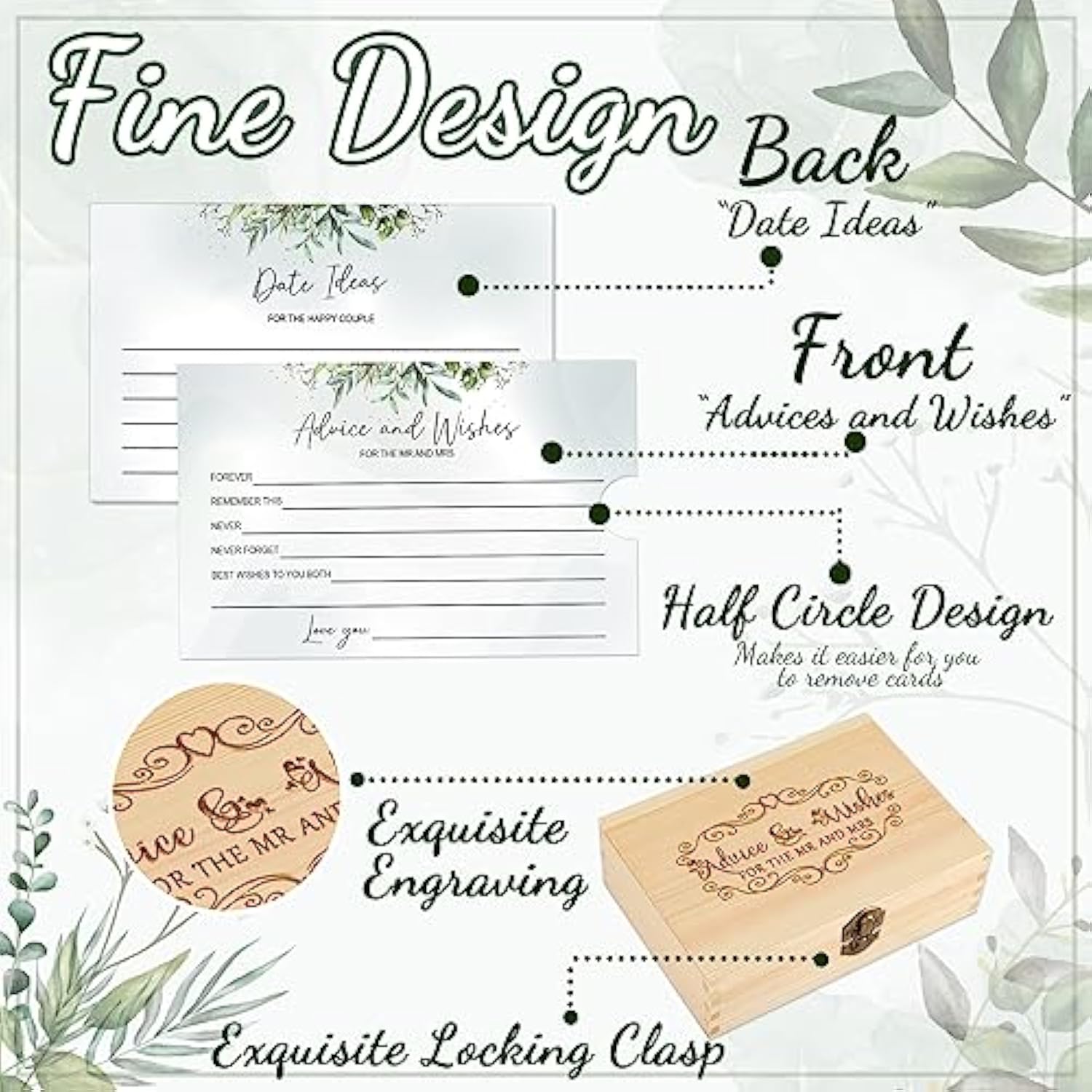 120 Pcs Advice And Wishes For The Mr And Mrs, Greenery Bridal Shower Advice Cards, Wedding Advice Cards For Bride And Groom Wood Box, Bridal Shower Games And Decorations