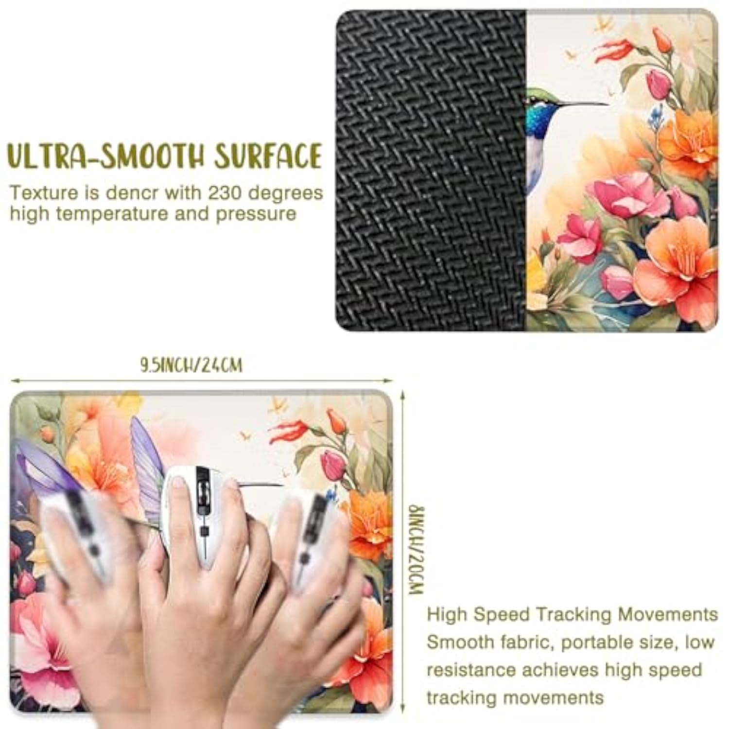 Mouse Pad Watercolor Floral Hummingbird Square Mousepad Desk Mat With Non Slip Rubber Base, Stitched Edge Mouse Mat Desk Pad For Work Game Office, 9.5X8 Inches