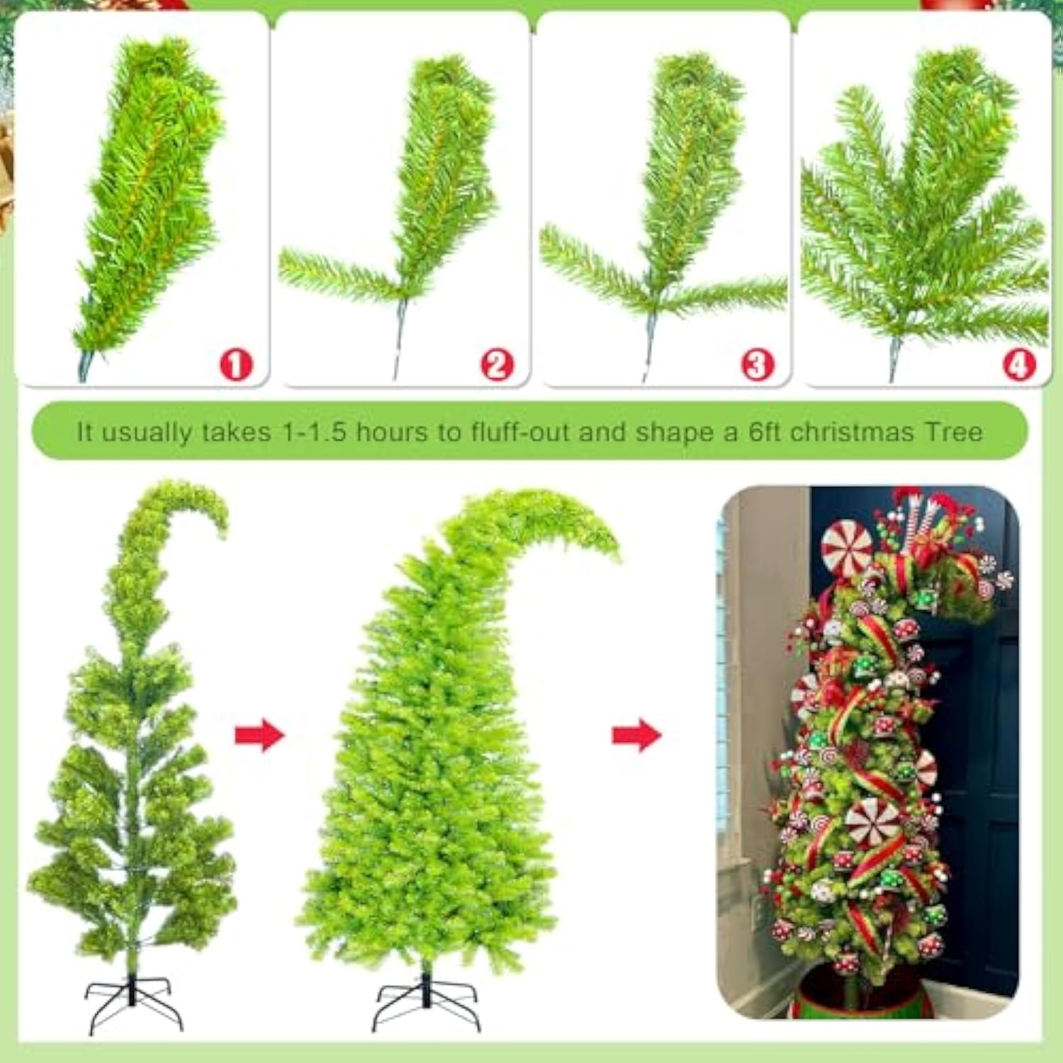 Bendable Christmas Tree Whimsical Christmas Pre-Lit Lime Green Stole Bent Top Artificial Xmas Tree Decorations With Led Lights Ornament Bag(7.5Ft)