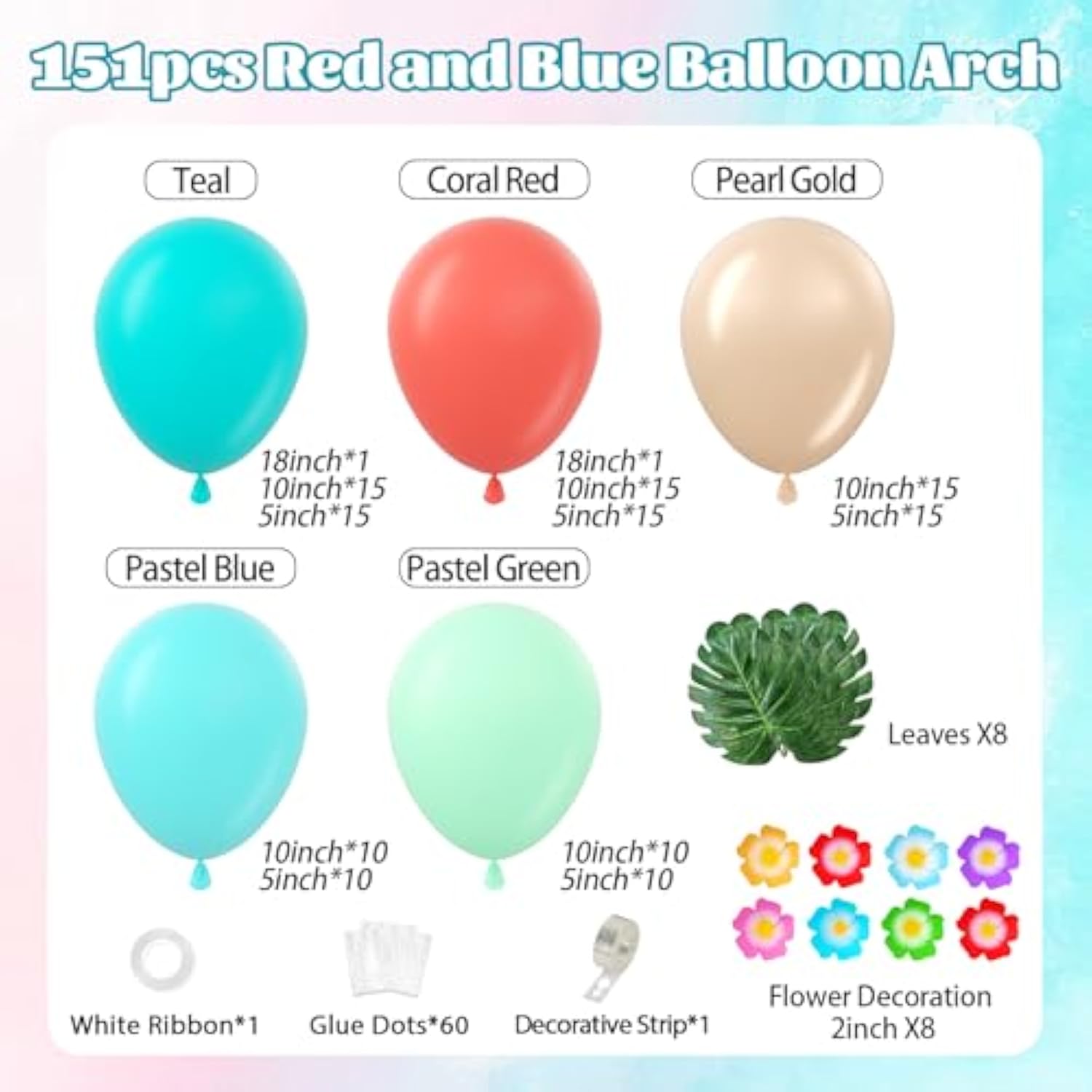 151Pcs Tropical Balloon Arch Kit, Coral Red Teal Pastel Green Blue Pearl Gold Balloons For Tropical Hawaiian Luau Baby Shower Birthday Party Decorations