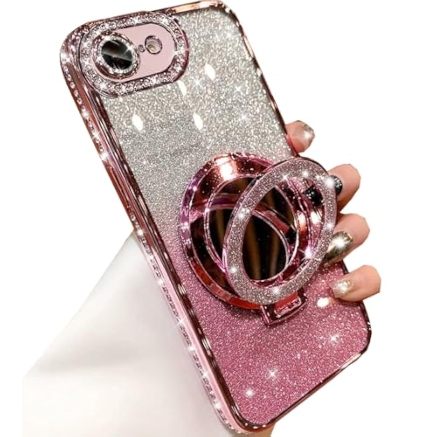 Magnetic Kickstand Glitter Case For Iphone 16E,[Compatible With Magsafe] Luxury Bling Sparkly Rhinestones With Camera Protector & Makeup Mirror Women Girls Case For Iphone 16E 6.1" 2025, Pink
