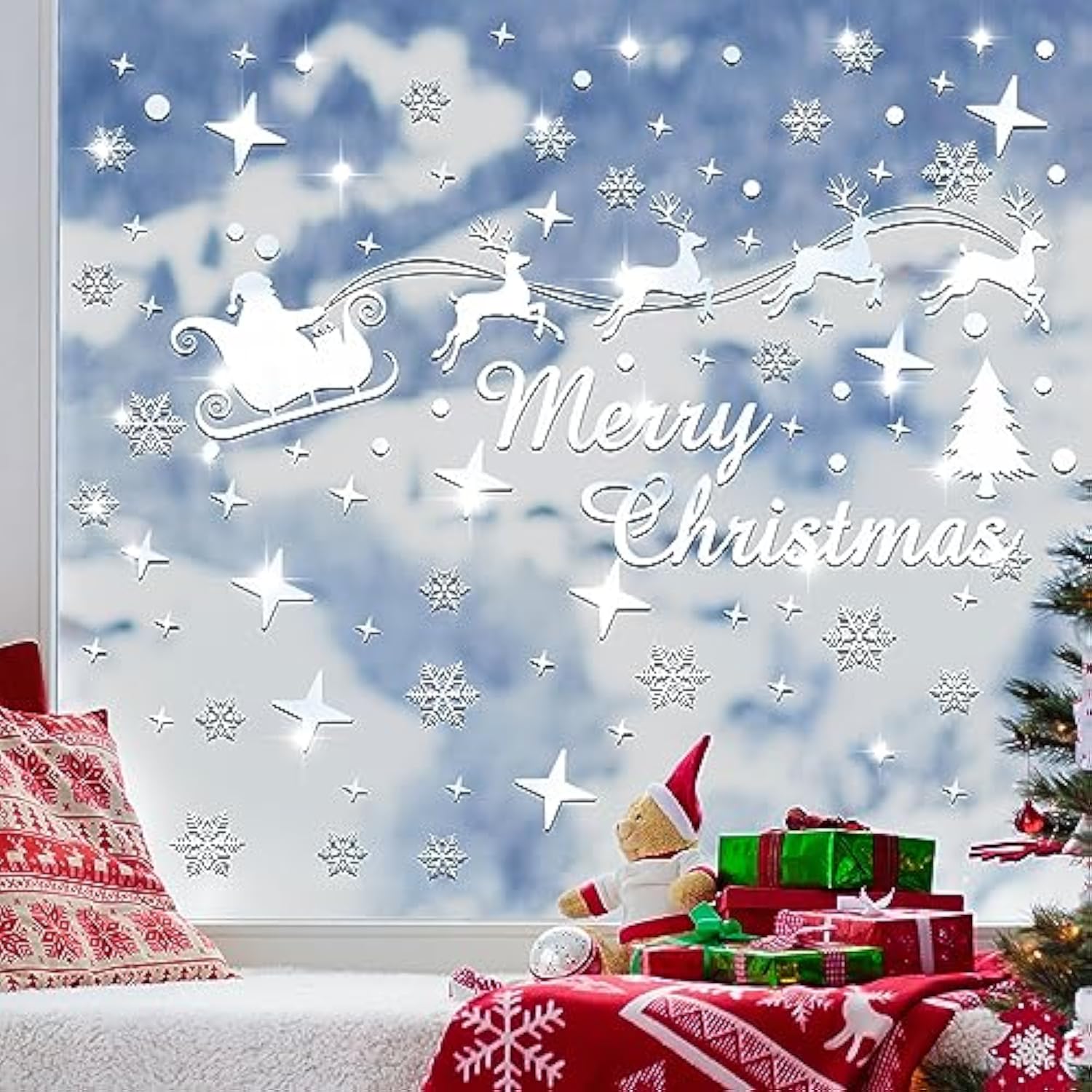 Christmas Mirror Decals Stickers Merry Christmas Santa Claus Reindeer Snowflakes Window Mirror Clings Xmas Acrylic Wall Art Decals Decor For Diy Holiday Winter Party Home Window Decor