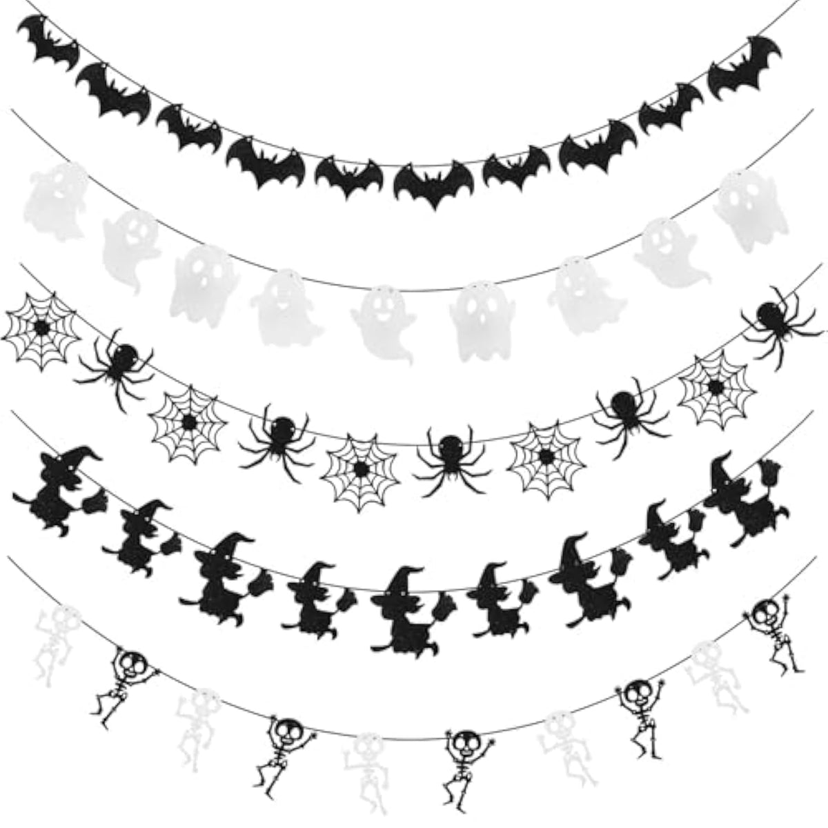 Halloween Banner Garland 5 PCS Bat Ghost Skeleton Witch White Black Glitter Decor