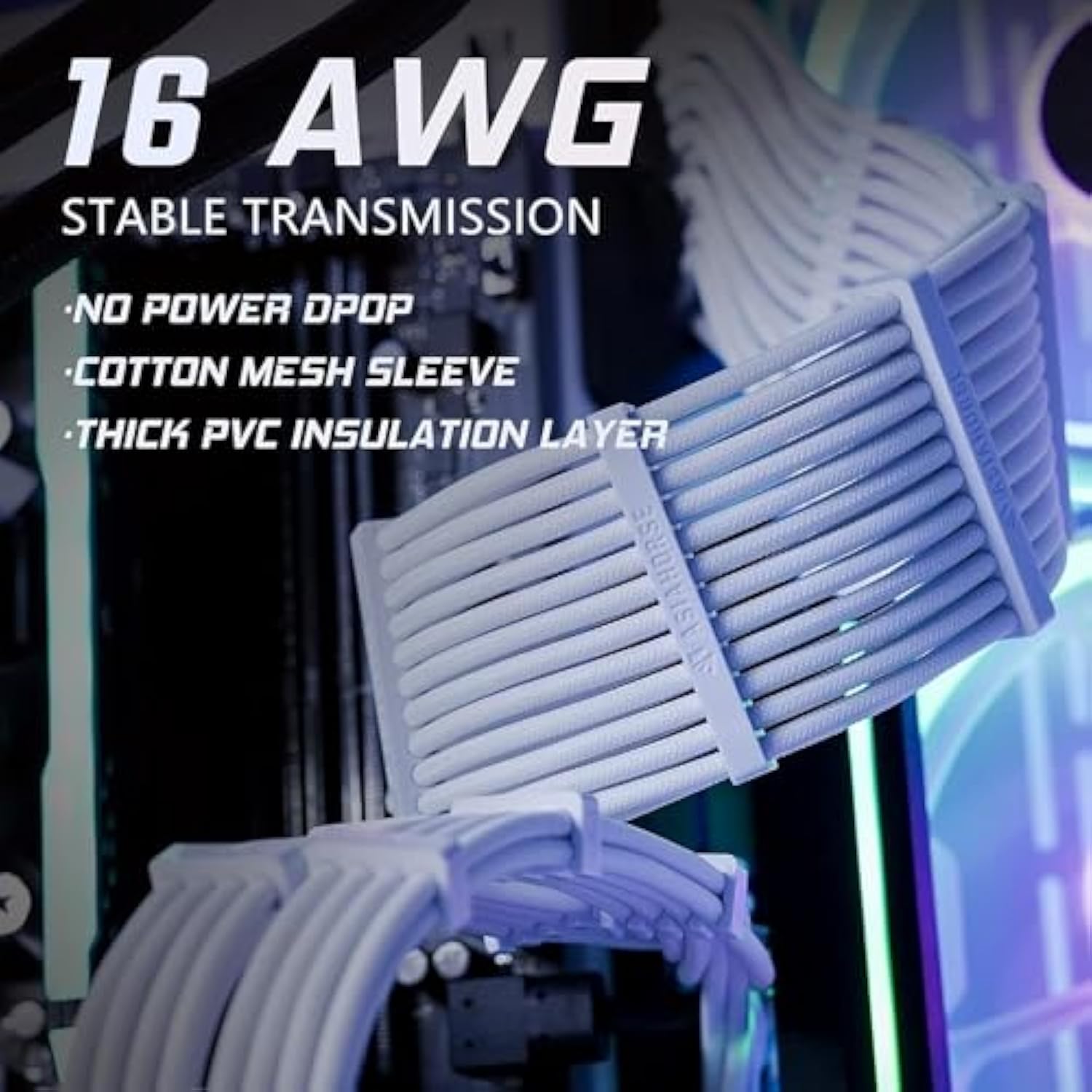 AsiaHorse 16AWG PSU Cable Extension Sleeved Custom Mod GPU PC Audio Video Power Supply Soft Braided Cables with Two Color Comb Kit 24P/8P to 6+2P/ 8P to 4+4P 30CM