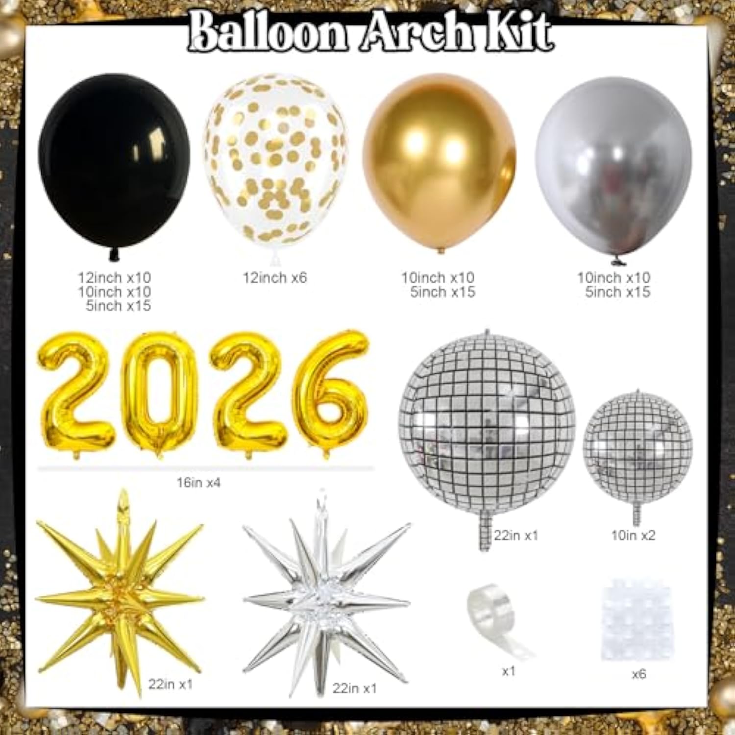 2026 Black Gold Balloon Garland Arch Kit with Disco Star Balloons for Party Decor