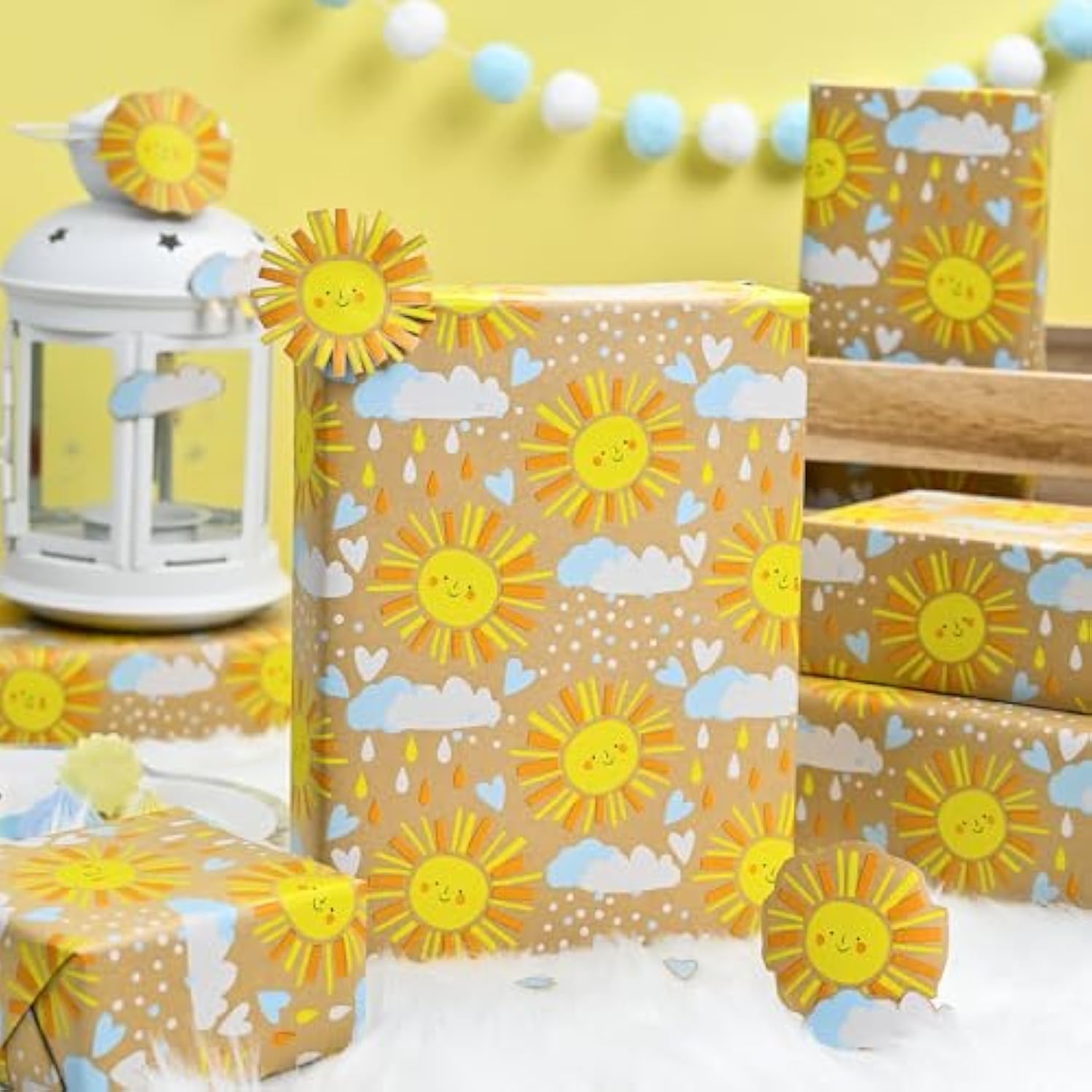 Kraft Baby Shower Wrapping Paper, Recyclable Sunshine, Cloud & Heart Design Baby Gift Wrap Paper For Children Birthday, Party, Holiday, Cute Wrapping Paper Mini Roll (17 Inch X 33 Feet)