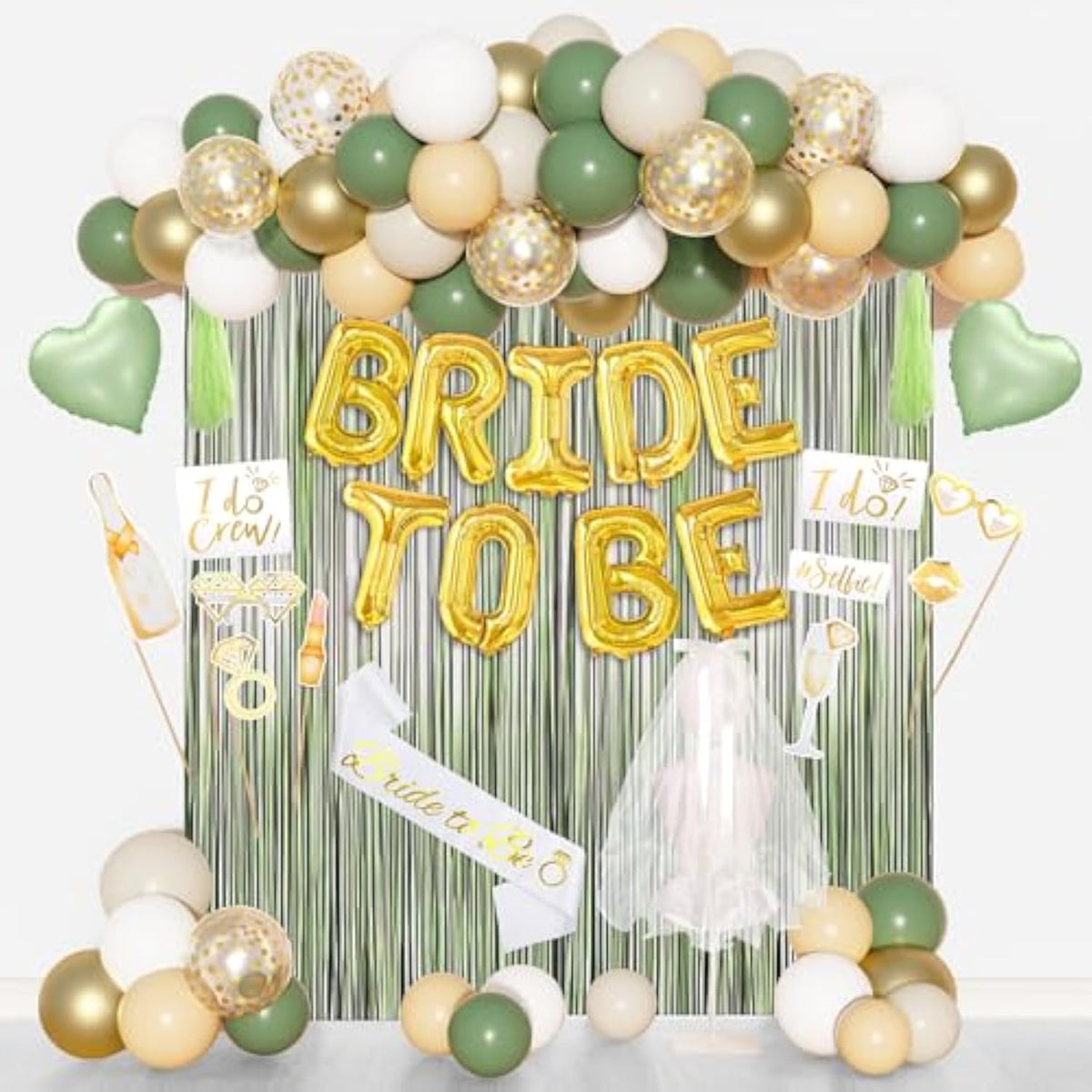 Bachelorette Party Decorations Supplies, Sage Green Bridal Shower Decorations Bride To Be Sash Veil, Nude White Gold Confetti Heart Balloons, Photo Booth Props, Fringe Curtains, Paper Tassels