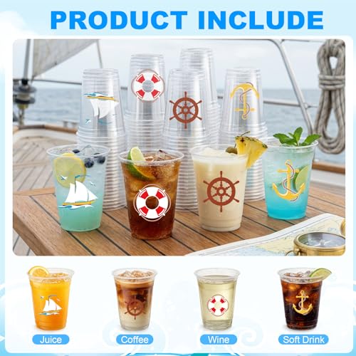 50 Pcs 12OZ Nautical Plastic Cups?Nautical Theme Birthday Party Cups Sailboat Anchor Lifebuoy Steering Wheel Print Beverage Drinking for Ocean Theme Party Supplies