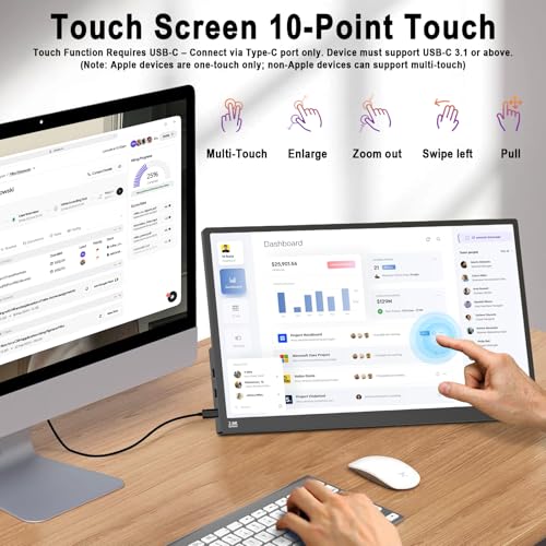 15.6" Portable Monitor Touchscreen, 1080P Fhd Ips Travel Monitor With Tempered Glass, 10-Point Touch, Dual Speakers & Kickstand, Usb-C Hdmi External Monitor For Laptop Macbook Phone Ps5 Switch
