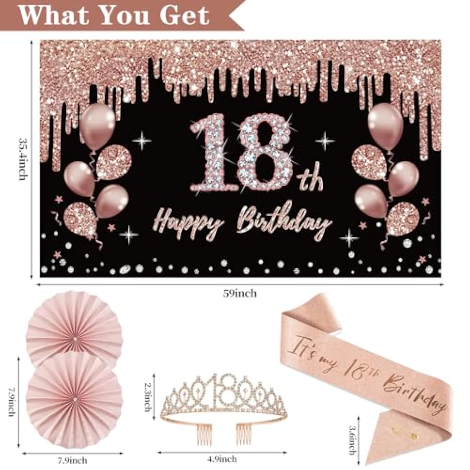 18Th Birthday Decorations For Girls, 33Pcs Black Rose Gold Happy 18Th Birthday Banner 18 Birthday Crown And Sash Balloons Backdrop Hanging Swirls Paper Fans, 18 Years Old Party Supplies Kit