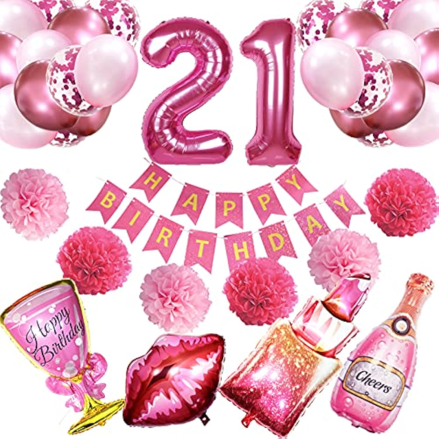 21St Birthday Decorations For Her - Hot Pink Happy Birthday Banner, Po