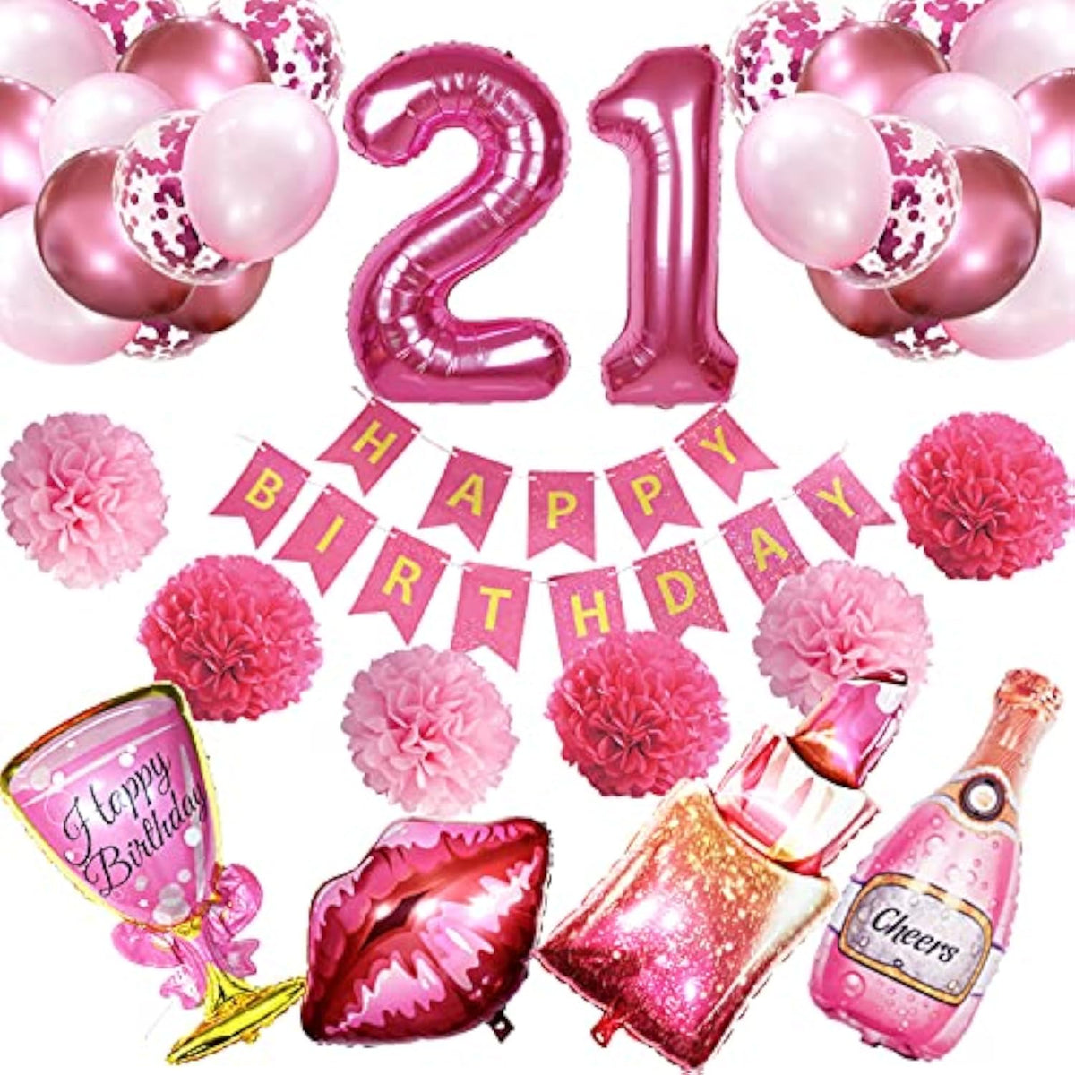 21St Birthday Decorations For Her - Hot Pink Happy Birthday Banner, Po