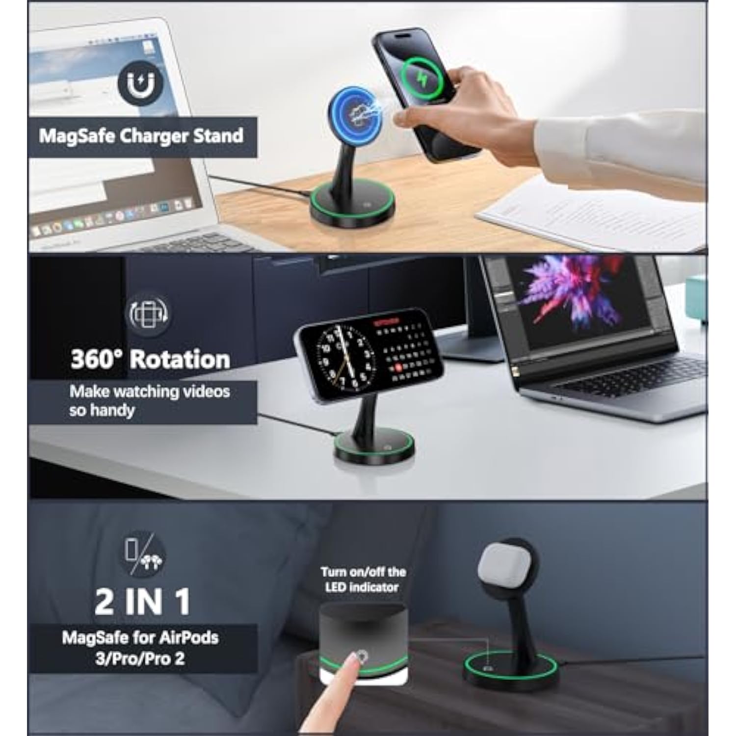 Magnetic Wireless Charger Stand 15W Fast Mag-Safe Charger For Iphone 16/16 Pro/16 Plus/16 Pro Max/15/14/13/12 Series Magnet Wireless Charging Station/Pad With Sleep-Friendly Light For Airpods