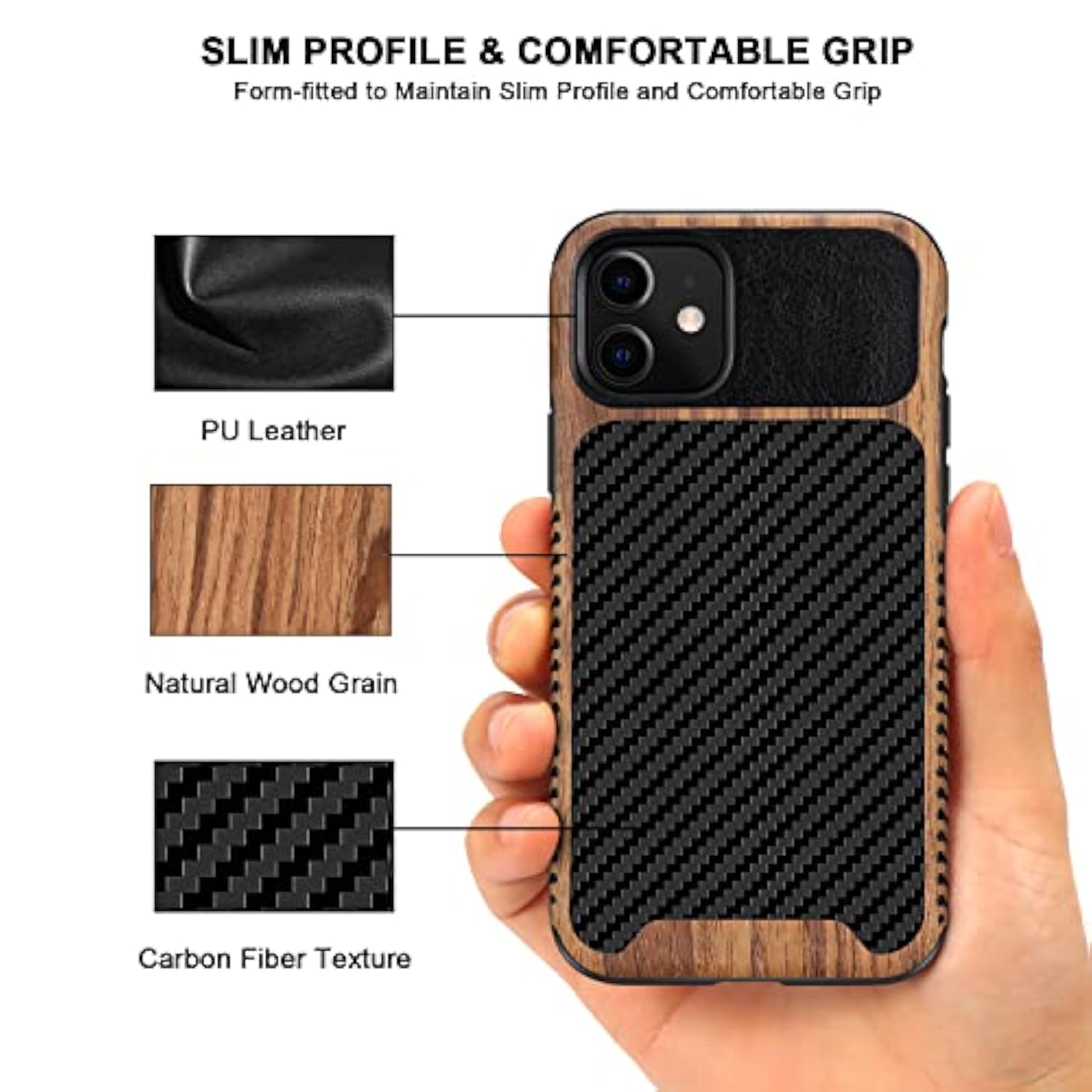 Magnetic Case Compatible With Iphone 11 Case Wood Grain With Carbon Fiber Texture Design Leather Hybrid Slim Case (Compatible With Magsafe) Black