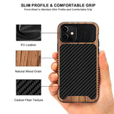 Magnetic Case Compatible With Iphone 11 Case Wood Grain With Carbon Fiber Texture Design Leather Hybrid Slim Case (Compatible With Magsafe) Black