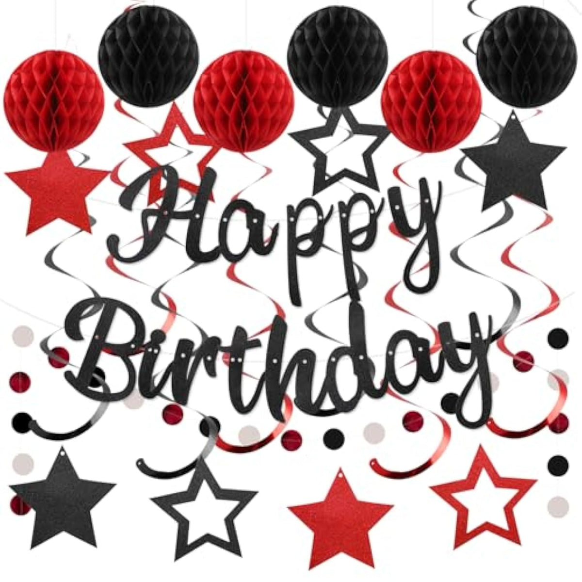 Pre-Strung Red & Black Birthday Decorations  Banner, Honeycomb Balls, Swirls and Garland – No DIY Needed