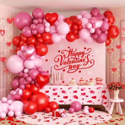 Valentines Day Balloon Arch Kit, Valentine Pink Red Heart Balloons with Rose Petals for Bachelorette Bridal Wedding Memorial Engagement Birthday Galentines Romantic Valentines Party Decorations