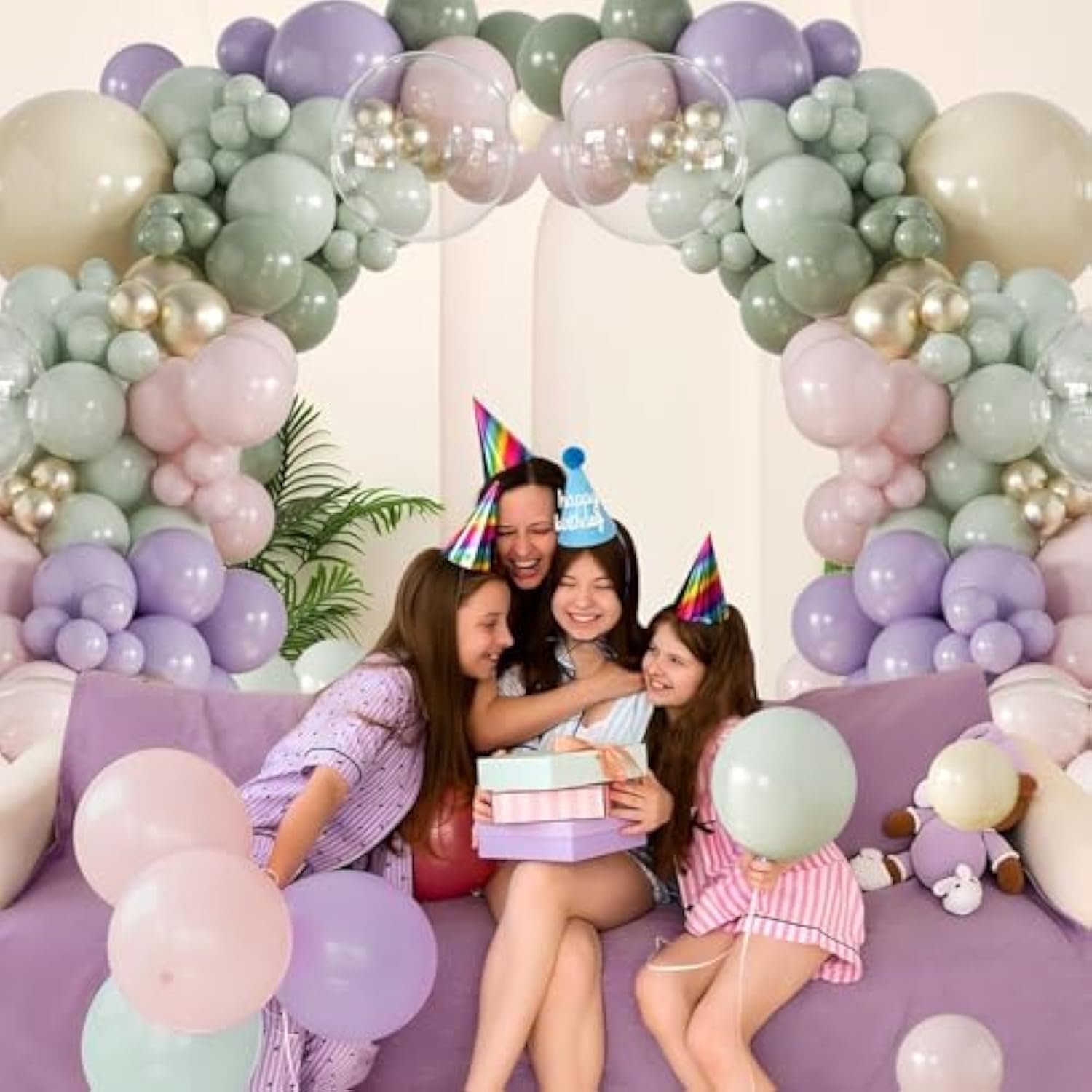 Sage Green Purple Pink Balloon Arch Kit 132Pcs Sage Green Pastel Pink Green Purple Yellow Gold Clear Balloons For Wildflower Baby Shower Bridal Shower Wedding Birthday Party Decorations