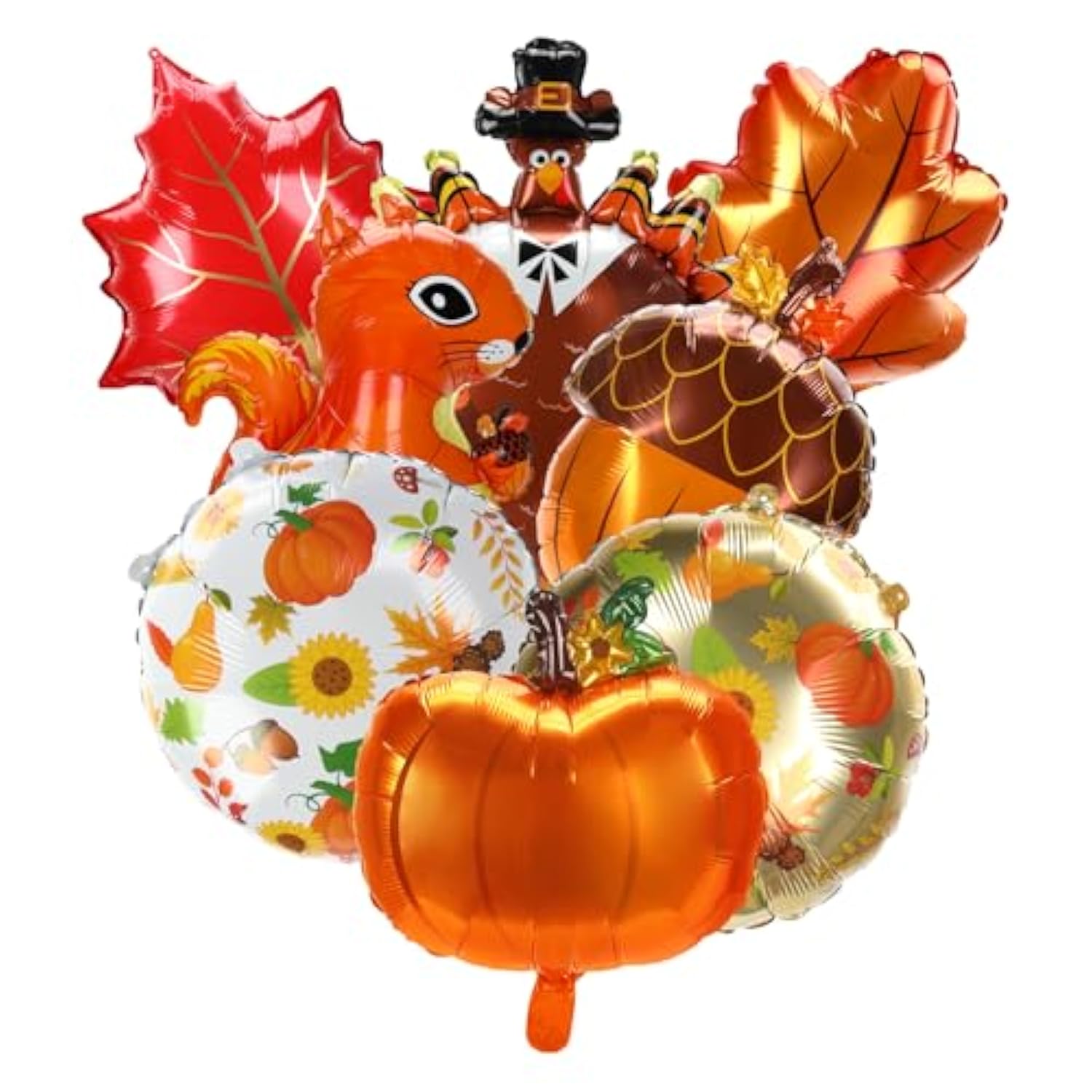 Thanksgiving Foil Balloon Set: Turkey, Pumpkin, Maple Leaf, Squirrel (8 Pcs)