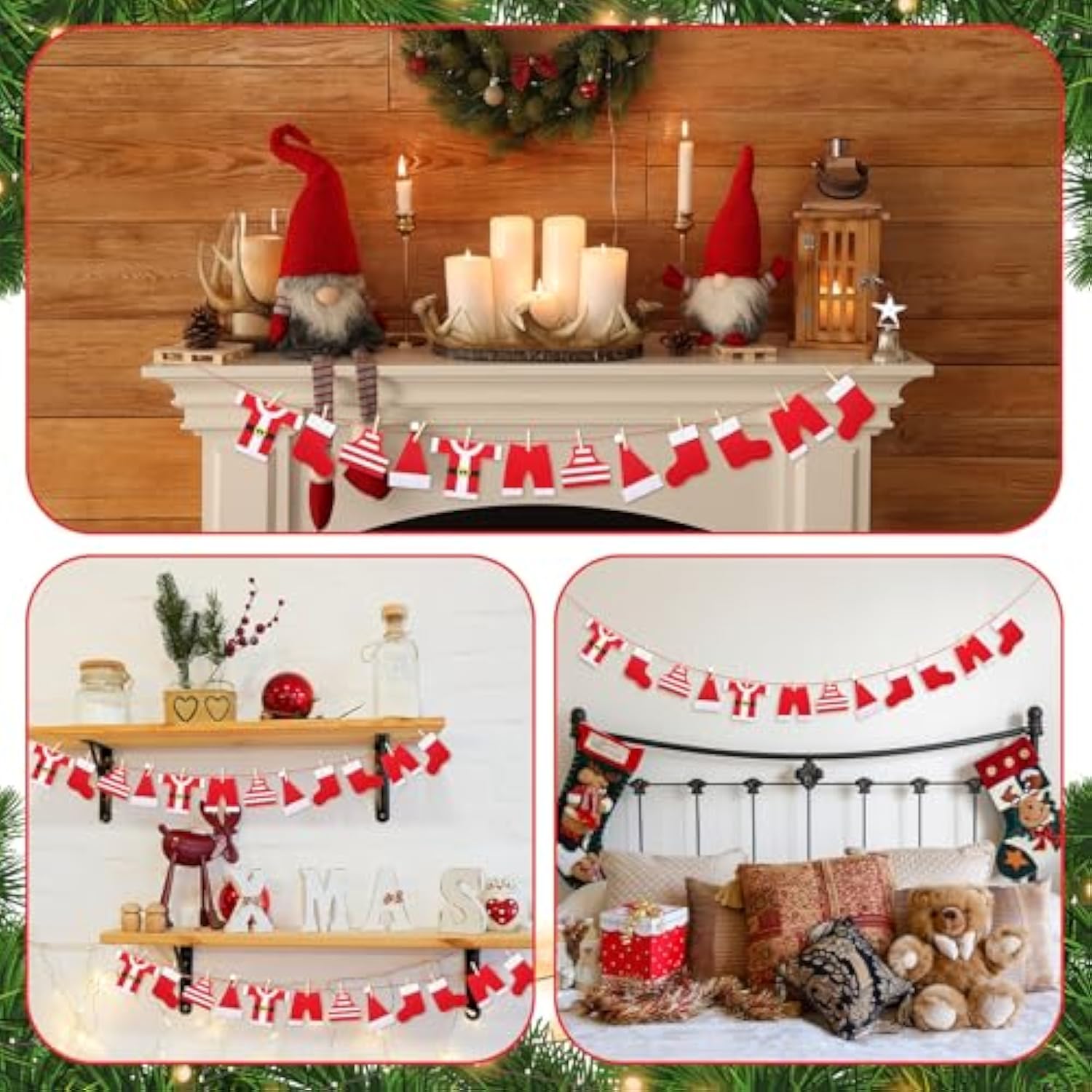 2 Pcs 6Ft Santa'S Clothesline Garland For Christmas Decoration Felt Santa Hat Top Pants Socks Underwear Hanging Decor Door Wall Window For Xmas Holiday Party Favor Supplies