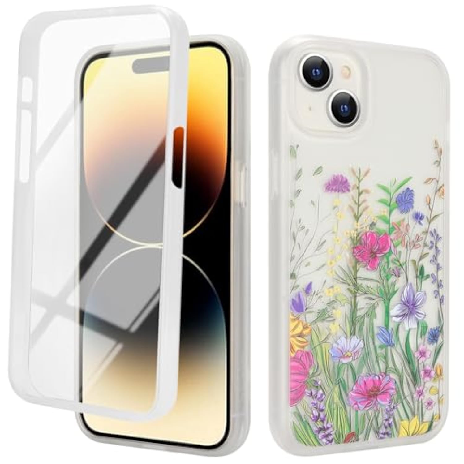 For Iphone 15 Case With Built-In Screen Protector,Clear Soft Shockproof Slim Fit Floral 360 Full Body Protective,For Apple Iphone 15 Phone Cases For Women Girls-Pattern 1