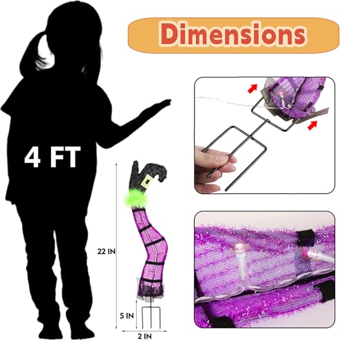 Set of 2 Halloween Lighted Wicked Purple Witch Legs with Stakes, 22" Light Up Tinsel Halloween Yard Sign Prop Timer & 8 Modes, Battery Operated for Outdoor Party Haunted House Garden Decor