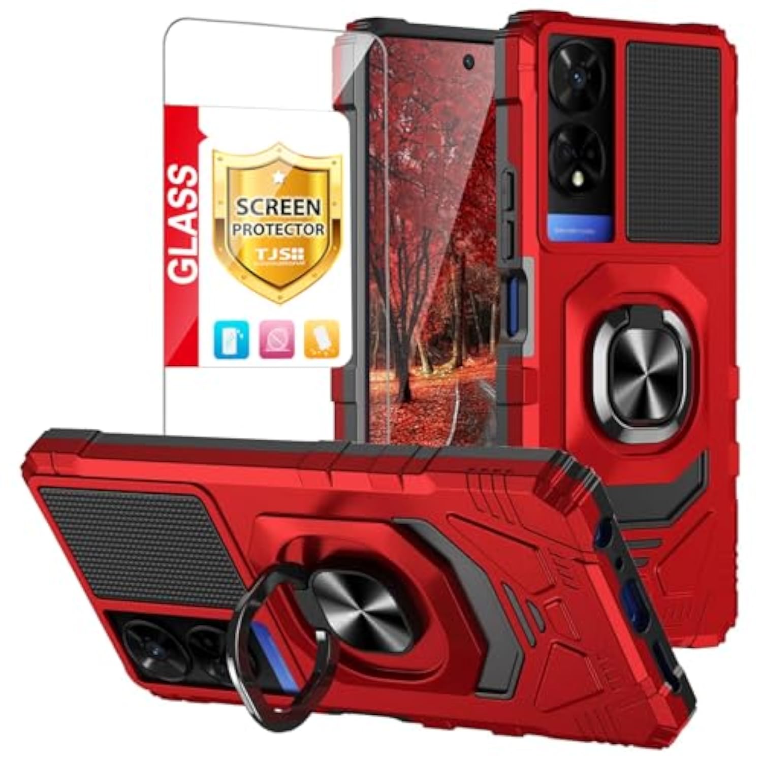 Compatible For Tcl 50 Xe 5G (T614Sp) Case, Tcl 50 Xe Nxtpaper 5G (T614Ws) Case, With Tempered Glass Screen Protector, Metal Ring Magnetic Support Kickstand Phone Case For Tcl 50Xe (Red)