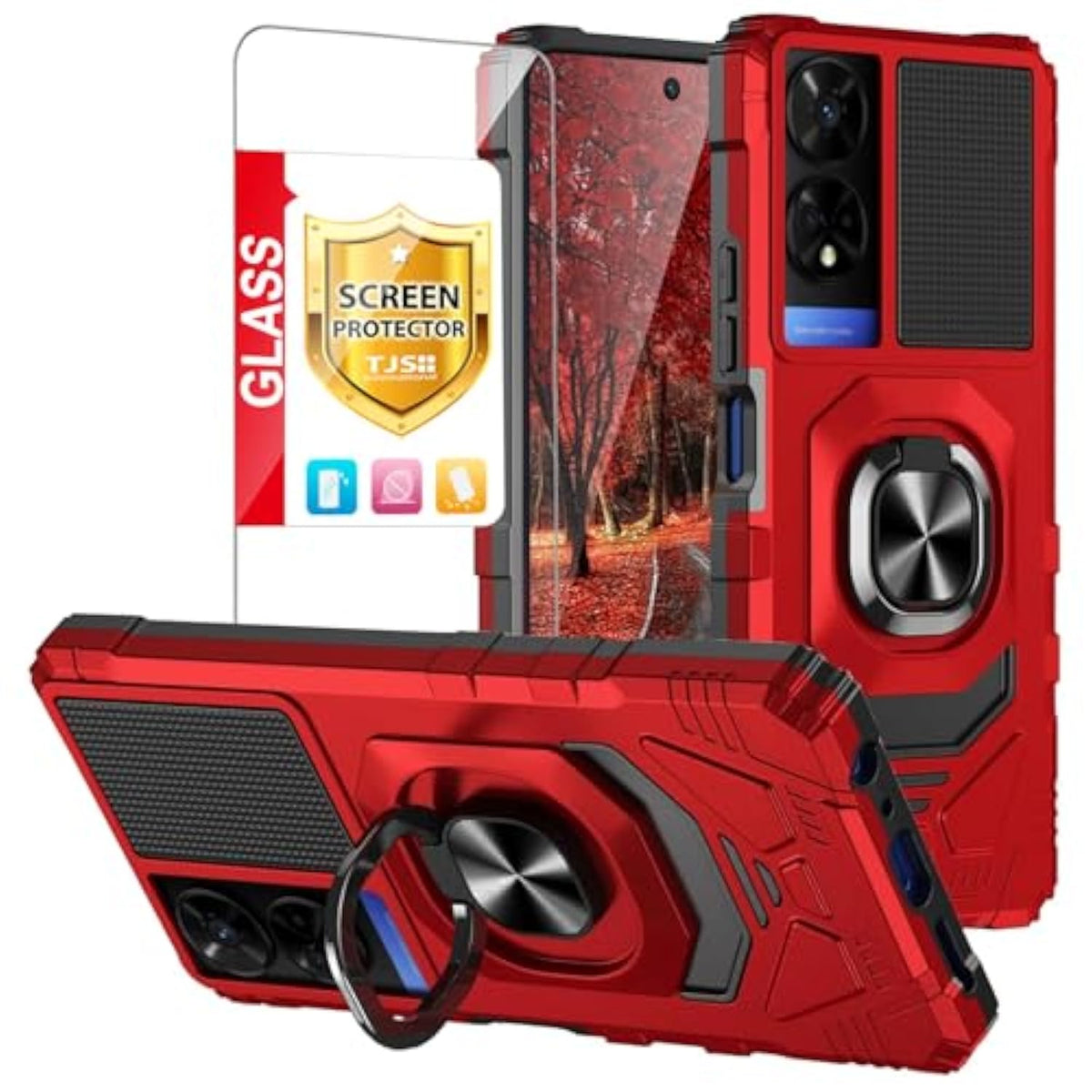 Compatible For Tcl 50 Xe 5G (T614Sp) Case, Tcl 50 Xe Nxtpaper 5G (T614Ws) Case, With Tempered Glass Screen Protector, Metal Ring Magnetic Support Kickstand Phone Case For Tcl 50Xe (Red)