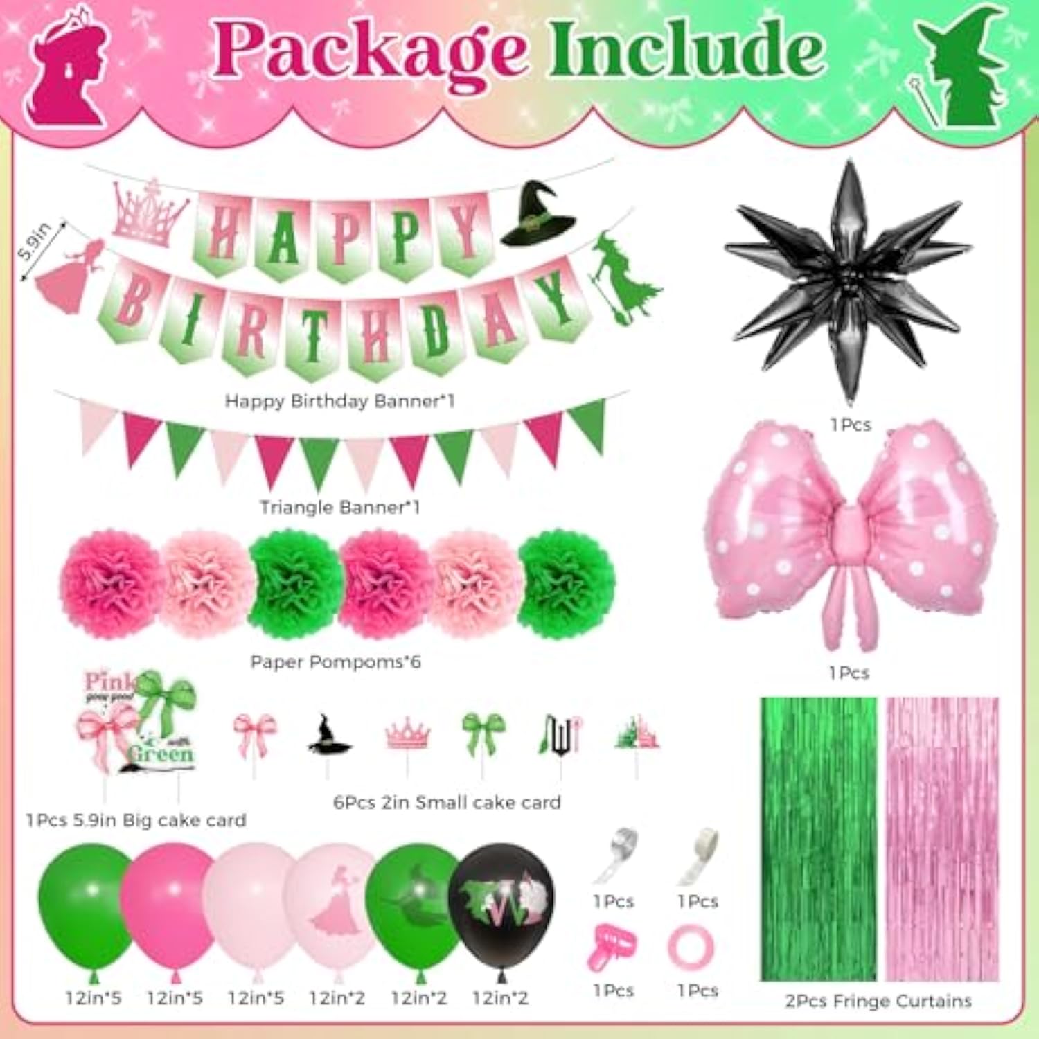 Witch Movie Birthday Party Decorations For Women, Pink And Green Princess Witch Themed Black Star Foil Balloon Happy Birthday Triangle Banner Cup Cake Toppers Pompoms Fringe Curtain Favors