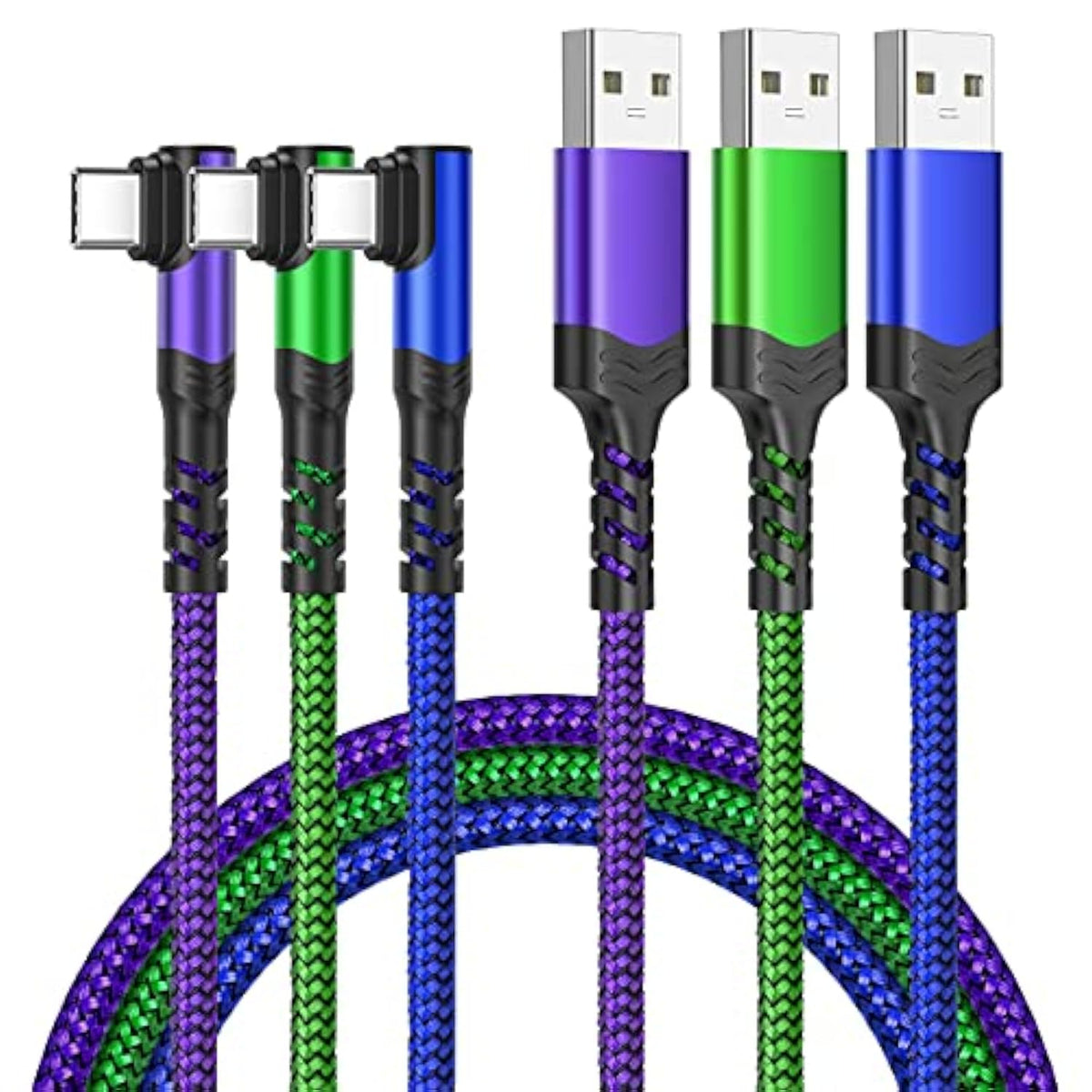 Type C Charger Fast Charging, 90 Degree Usb To Usb C Cable [10Ft,3Pack] Braide