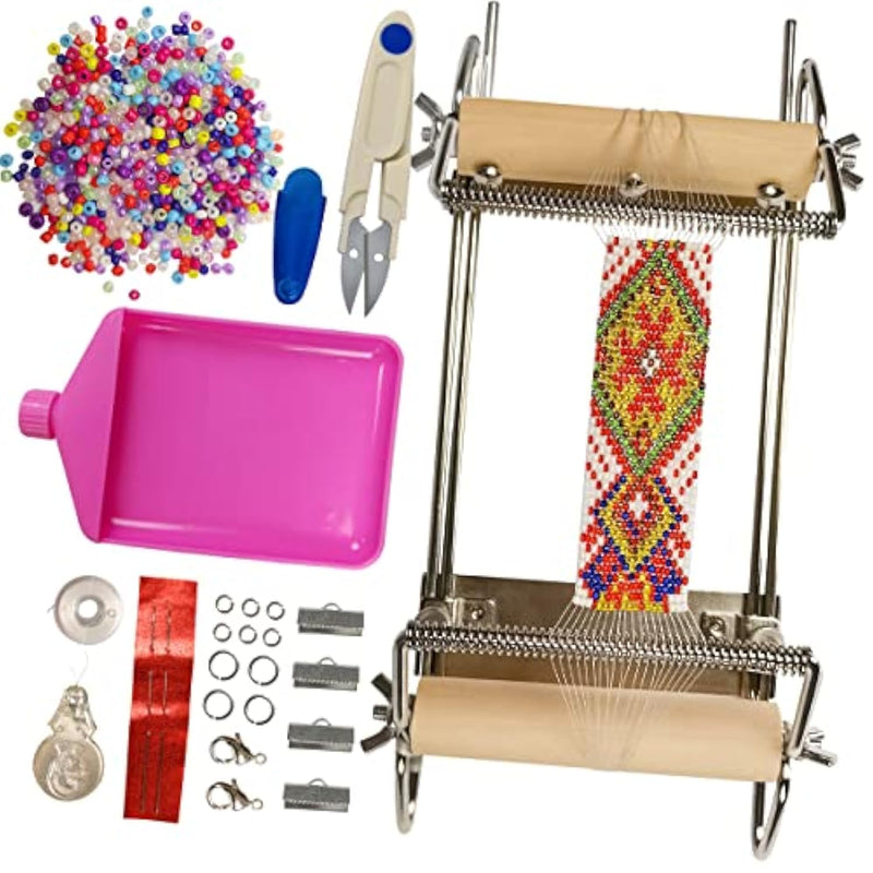The Second Generation Adjustable Bead Loom Kit With Seed Beads,Large Eye Curved Beading Needle, Funnel Tray,Lobster Clasp,Open Ring And Bead Mat For Jewelry Making Kit