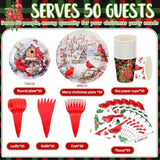 350 Pieces Christmas Disposable Dinnerware Set, Serves 50, Merry Christmas Paper Plates Red Cardinal Napkins Cups Cutlery For Christmas Holiday Dinner Party Decorations