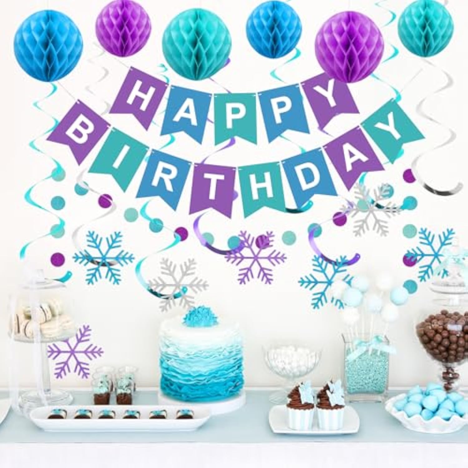 Frozen Birthday Party Decorations: Banner, Honeycomb Balls & Snowflake Streamers