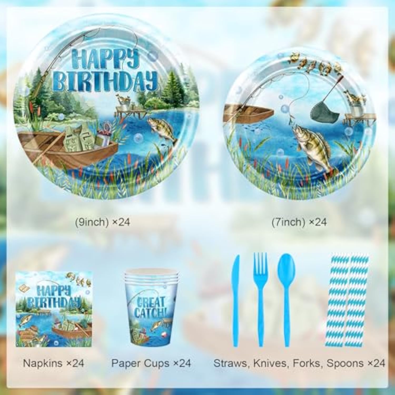 192 Pcs Fishing Birthday Decorations Fishing Birthday Party Disposable Plates And Napkins Set Fisherman Party Paper Tableware Supplies Serve 24