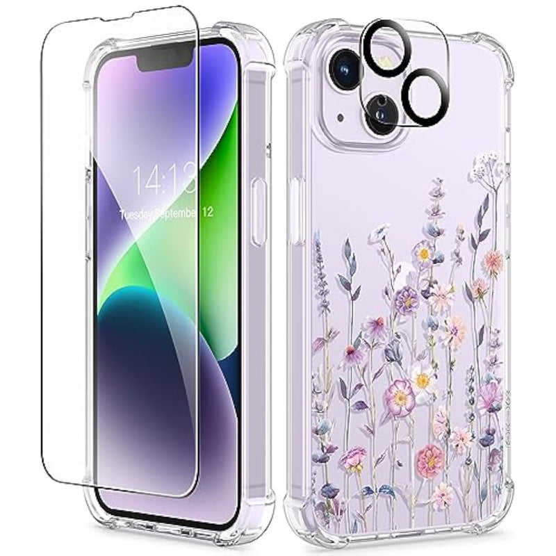 for iPhone 14 Case Floral, with Screen Protector+Camera Lens Protector