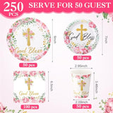 250 Pcs Pink Baptism Cross Disposable Tableware Set First Holy Communion Baptism Disposable Paper Plates Napkins And Cups For Christening Celebration Baby Shower Religious Supplies