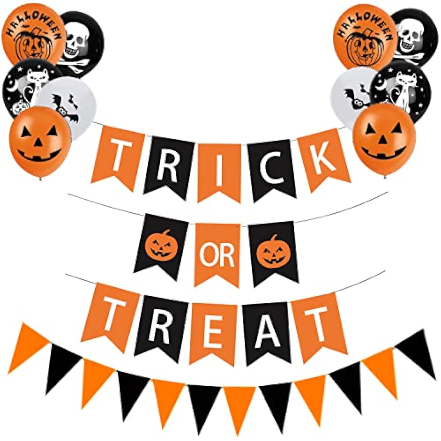 Halloween Happy Banner Decorations Trick or Treat Black Orange Banner with Balloons for Party