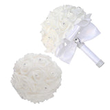 Wedding Bouquets For Bride & Bridesmaid - Hand Roses & Silk Roses Crystal Diamond Artificial Flowers For Wedding Parties, Churches (White)