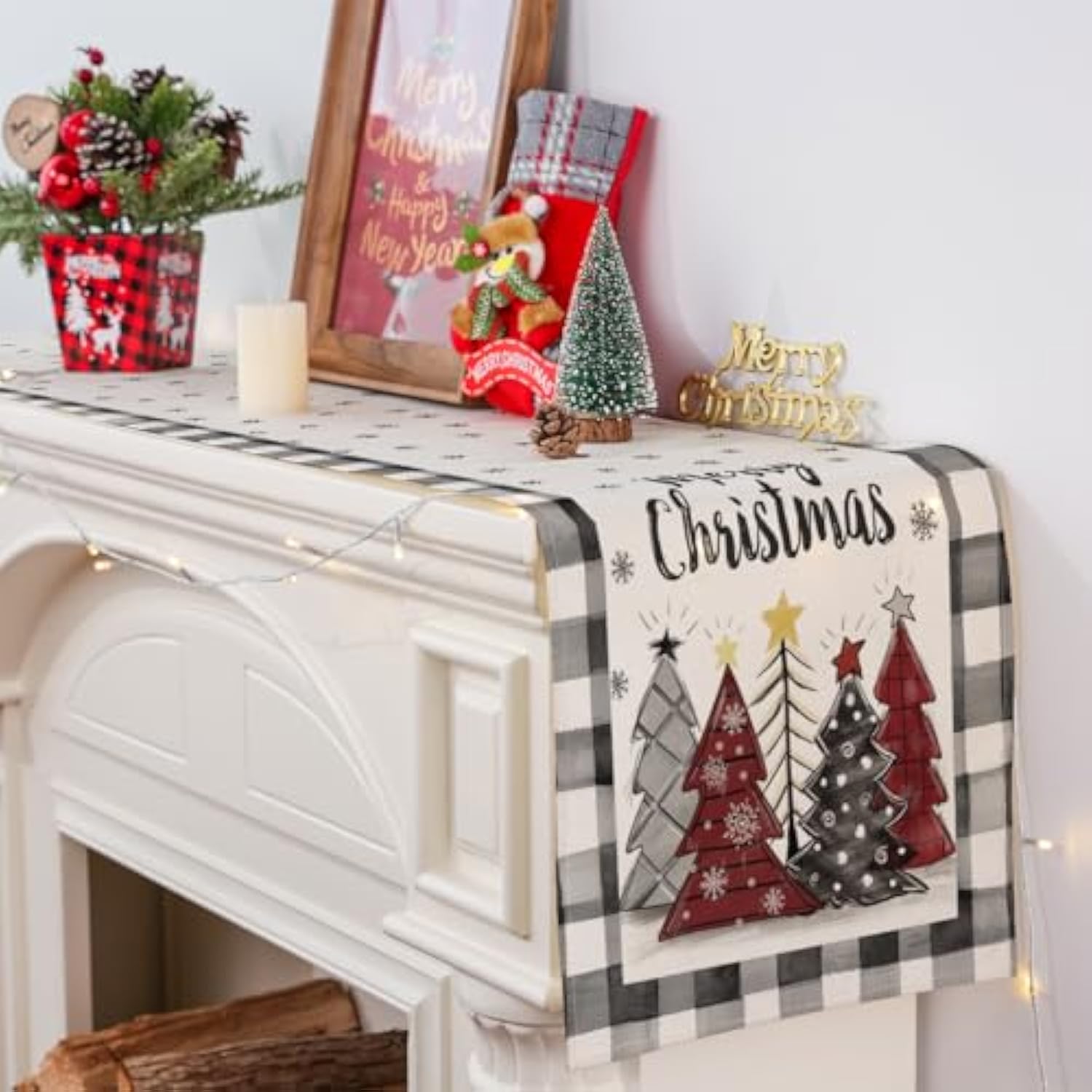 Christmas Table Runner, Buffalo Plaid Merry Christmas Runner, 13'' X 90''