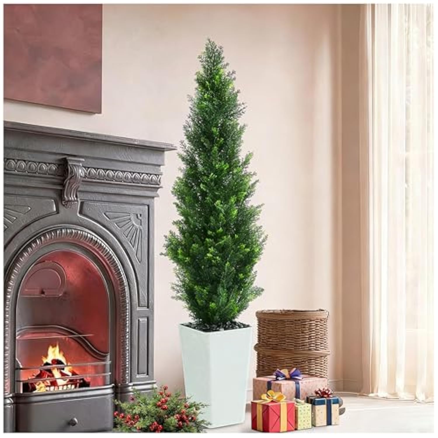 Artificial Cedar Trees 5Ft Tall Artificial Bushes Cypress Shrubs, Fake Evergreen Shrubs With Extra Dense Foliage Realistic Potted & Pebbles Faux Plants For Front Porch Outdoor Christmas Tree