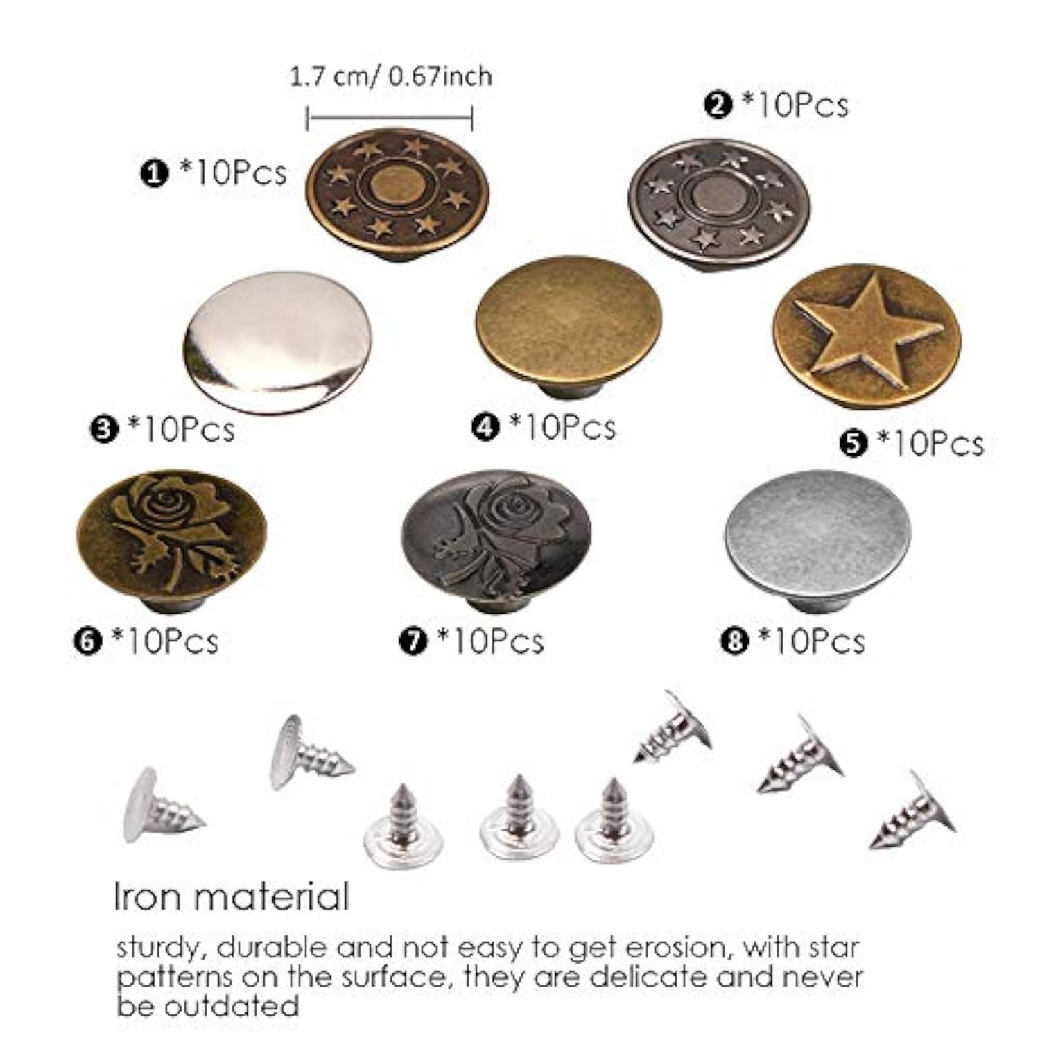 80 Sets 17Mm Metal Jeans Button Replacement Kit Fastener Tack Buttons